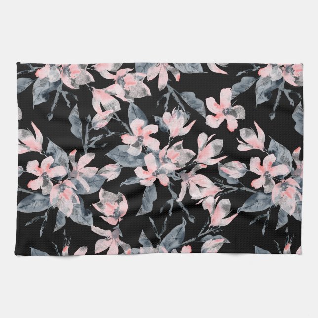 Pink & Grey Floral Watercolor Pattern Kitchen Towel (Horizontal)