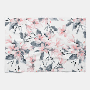 Pink & Grey Floral Watercolor Pattern Kitchen Towel
