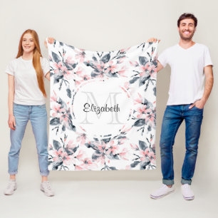 Pink & Grey Floral Watercolor Pattern Monogram Fleece Blanket