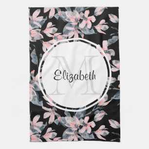 Pink & Grey Floral Watercolor Pattern Monogram Kitchen Towel