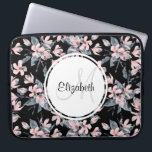 Pink & Grey Floral Watercolor Pattern Monogram Laptop Sleeve<br><div class="desc">Personalized laptop sleeve with an elegant pattern made with a watercolor illustration of pink flowers with blue-grey leaves and stems. Classy black background.
A white circle layered over top with your name and monogram initial inside.</div>