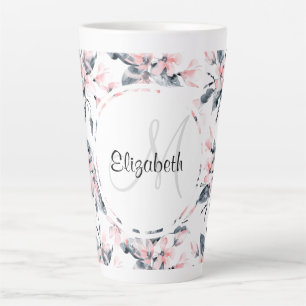 Pink & Grey Floral Watercolor Pattern Monogram Latte Mug
