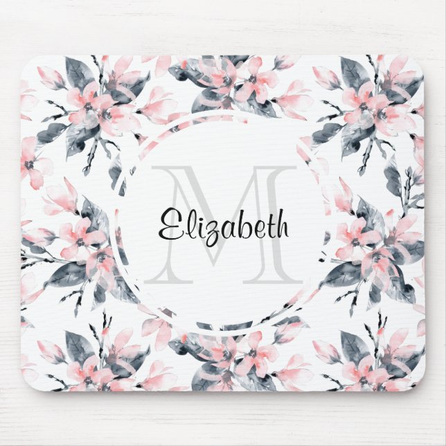 Pink & Grey Floral Watercolor Pattern Monogram Mouse Pad (Front)