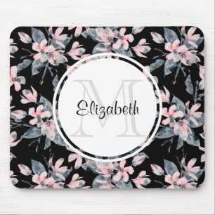 Pink & Grey Floral Watercolor Pattern Monogram Mouse Pad