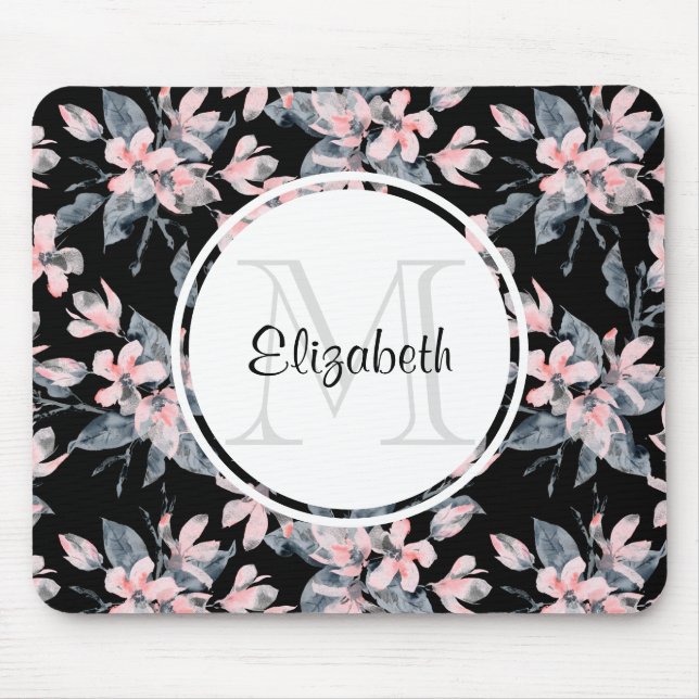 Pink & Grey Floral Watercolor Pattern Monogram Mouse Pad (Front)