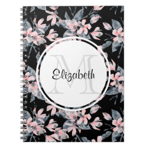 Pink & Grey Floral Watercolor Pattern Monogram Notebook