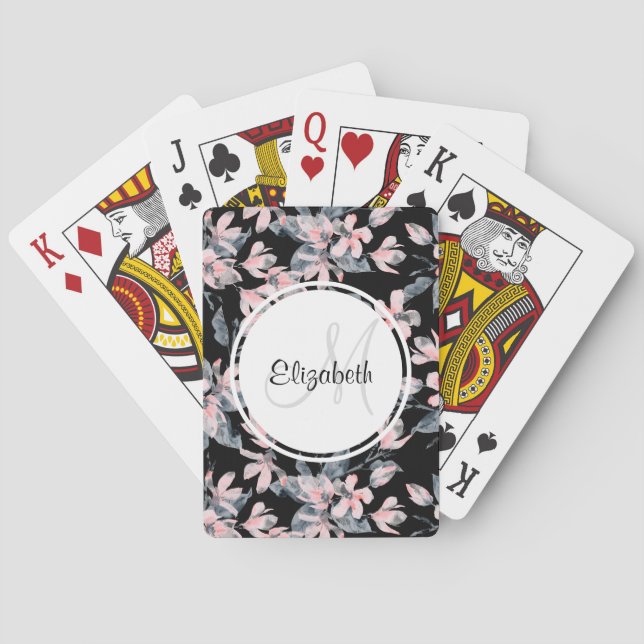 Pink & Grey Floral Watercolor Pattern Monogram Playing Cards (Back)
