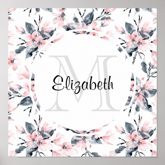 Pink & Grey Floral Watercolor Pattern Monogram Poster (Front)