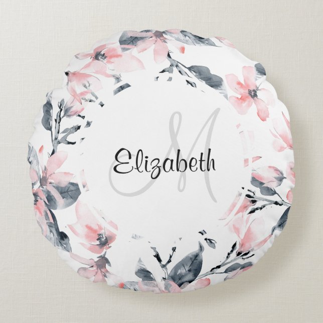 Pink & Grey Floral Watercolor Pattern Monogram Round Pillow (Front)