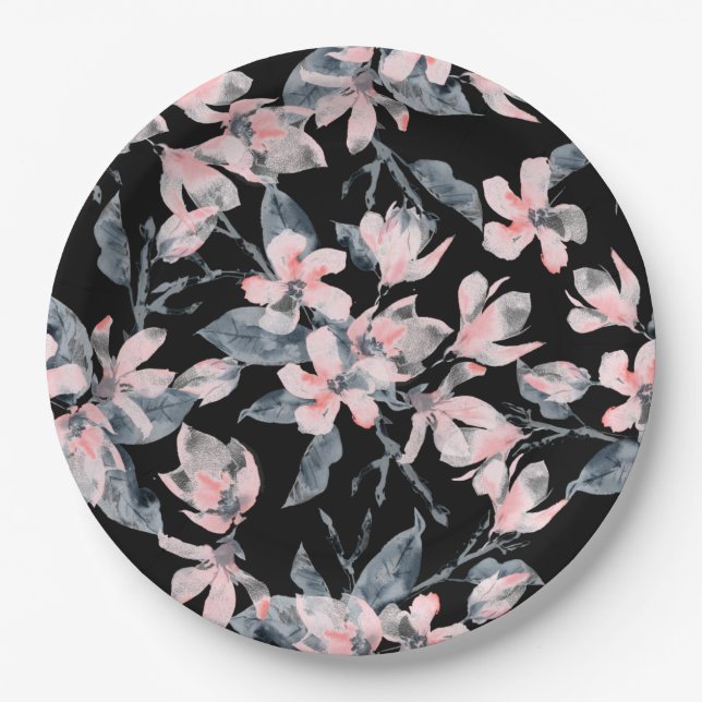 Pink & Grey Floral Watercolor Pattern Paper Plate (Front)