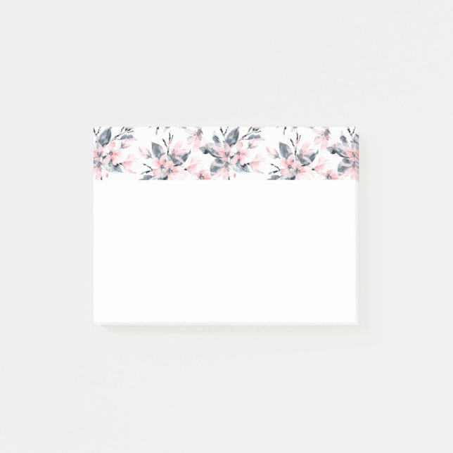 Pink & Grey Floral Watercolor Pattern Post-it Notes (Front)