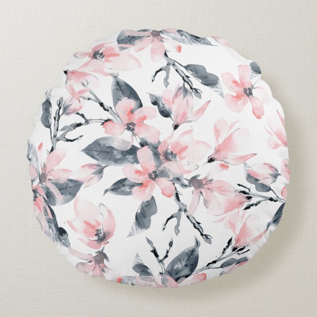 Pink & Grey Floral Watercolor Pattern Round Pillow (Front)