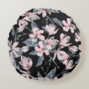 Pink & Grey Floral Watercolor Pattern Round Pillow