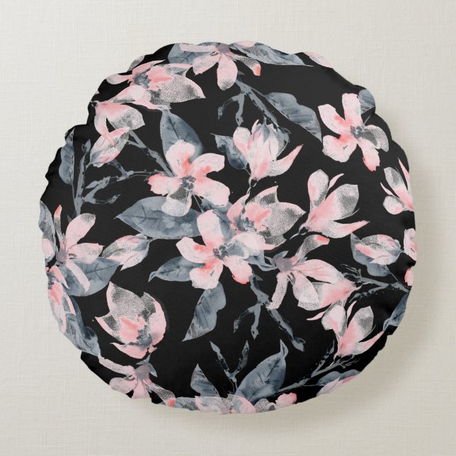 Pink & Grey Floral Watercolor Pattern Round Pillow (Front)