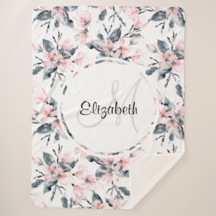 Pink & Grey Floral Watercolor Pattern Sherpa Blanket