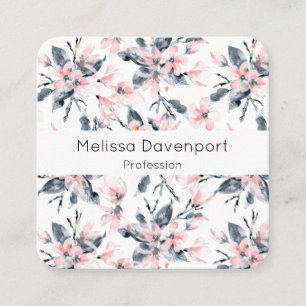 Pink & Grey Floral Watercolor Pattern Square Business Card