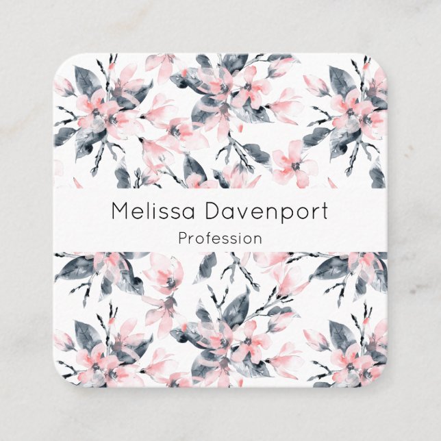 Pink & Grey Floral Watercolor Pattern Square Business Card (Front)