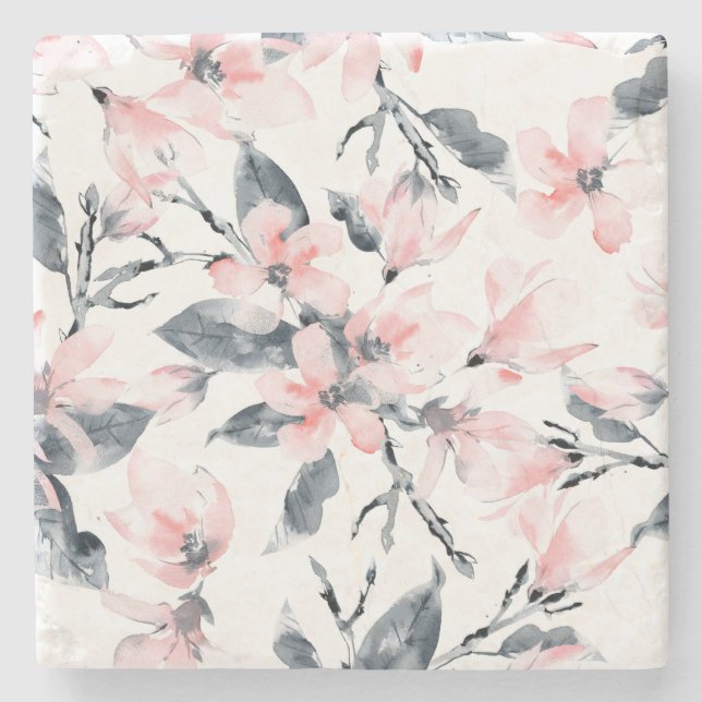 Pink & Grey Floral Watercolor Pattern Stone Coaster (Front)
