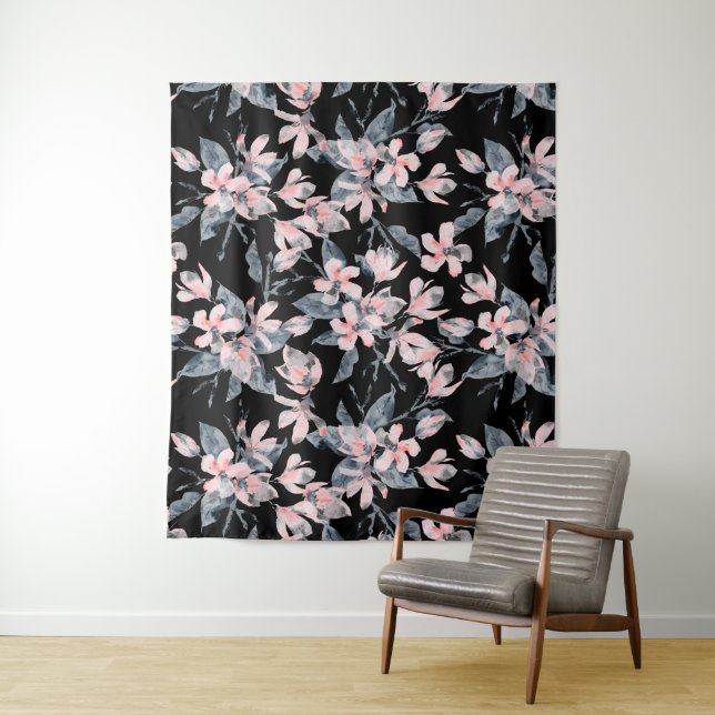 Pink & Grey Floral Watercolor Pattern Tapestry (In Situ)