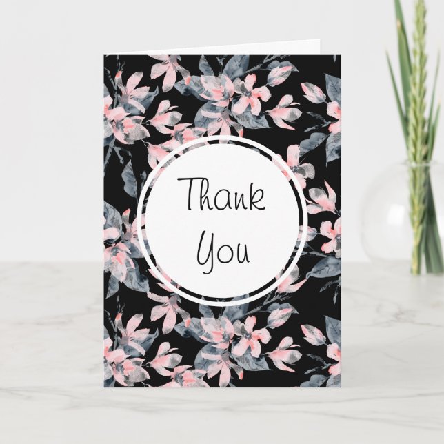 Pink & Grey Floral Watercolor Pattern Thank You Card (Front)