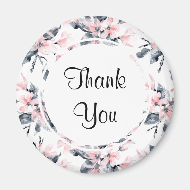Pink & Grey Floral Watercolor Pattern Thank You Magnet (Front)