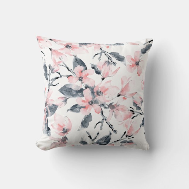 Pink & Grey Floral Watercolor Pattern Throw Pillow (Front)