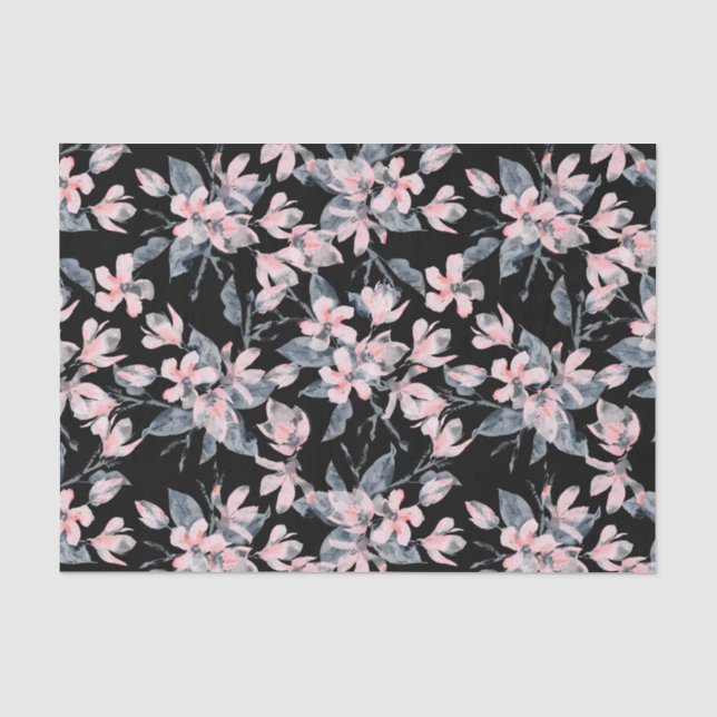 Pink & Grey Floral Watercolor Pattern Tissue Paper (Front)