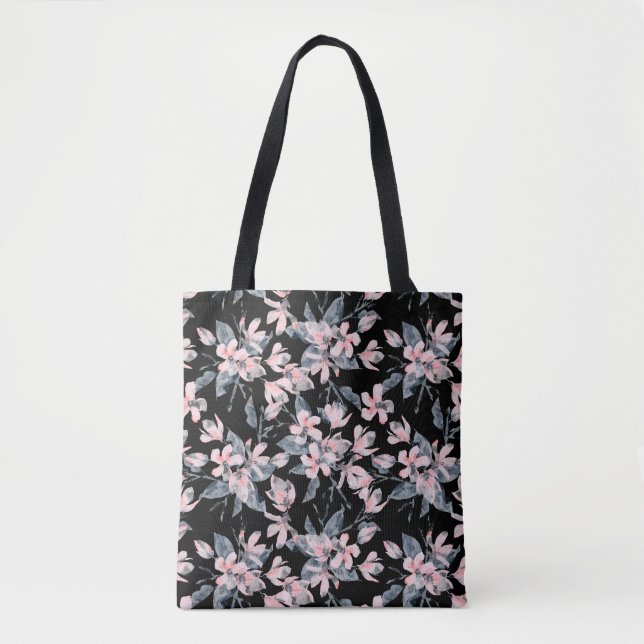 Pink & Grey Floral Watercolor Pattern Tote Bag (Front)