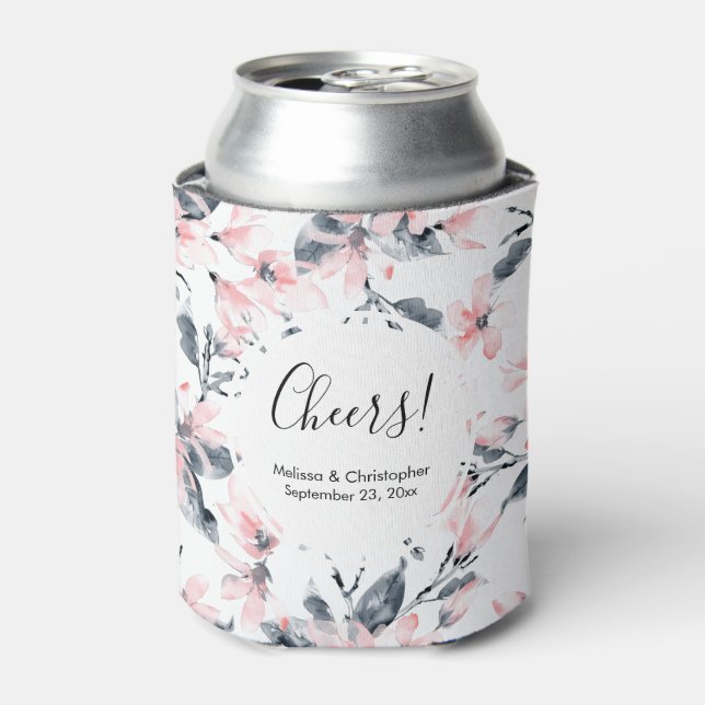 Pink & Grey Floral Watercolor Pattern Wedding Can Cooler (Can Front)
