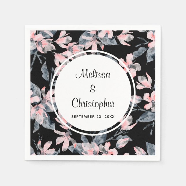 Pink & Grey Floral Watercolor Pattern Wedding Napkin (Front)