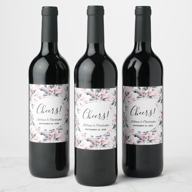 Pink & Grey Floral Watercolor Pattern Wedding Wine Label (Bottles)