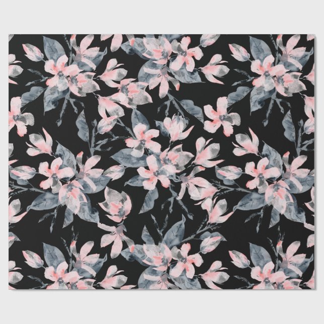 Pink & Grey Floral Watercolor Pattern Wrapping Paper (Flat)