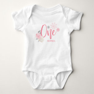Pink Grey Floral Winter ONEderland 1st Birthday Baby Bodysuit