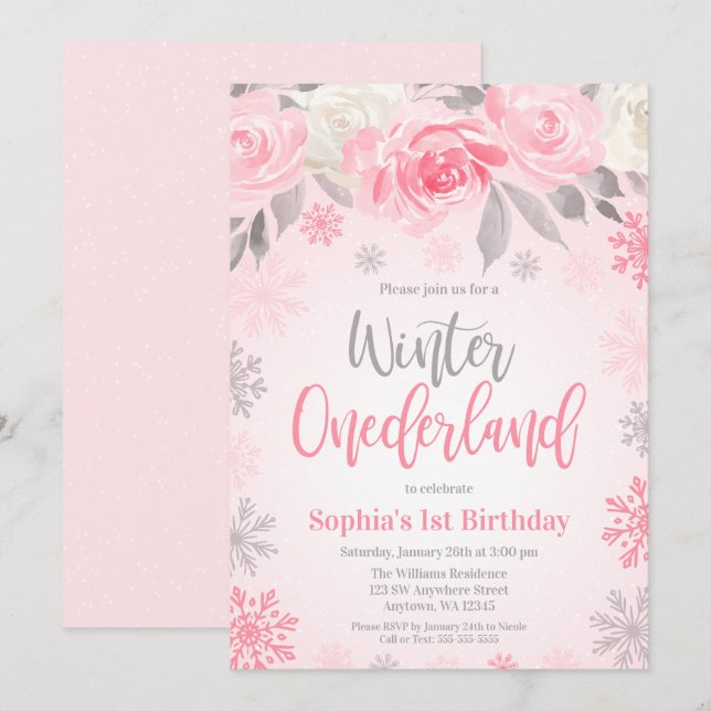 Pink Grey Floral Winter ONEderland 1st Birthday Invitation (Front/Back)