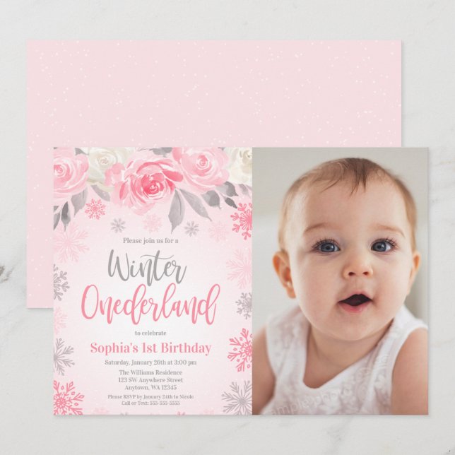 Pink Grey Floral Winter ONEderland Birthday Photo Invitation (Front/Back)