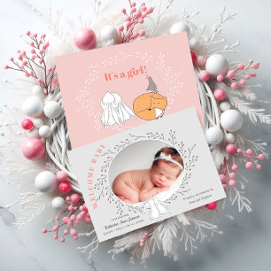 Pink Grey Floral Woodland Animals Baby Girl Birth Announcement