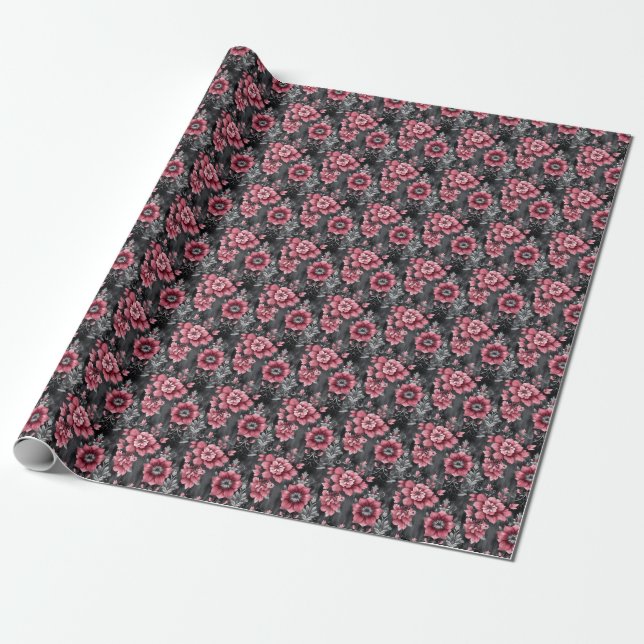 Pink & Grey Floral Wrapping Paper (Unrolled)