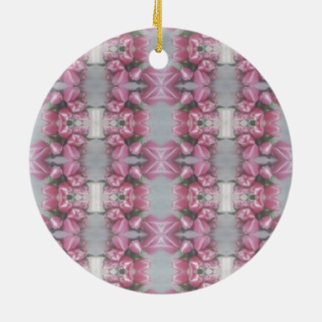 Pink Grey Flower Tulip Mirror Pattern Cross Square Ceramic Ornament (Back)