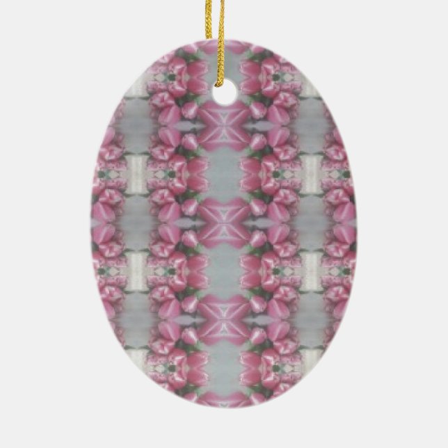 Pink Grey Flower Tulip Mirror Pattern Cross Square Ceramic Ornament (Back)
