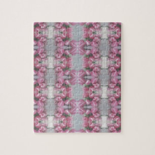 Pink Grey Flower Tulip Mirror Pattern Cross Square Jigsaw Puzzle