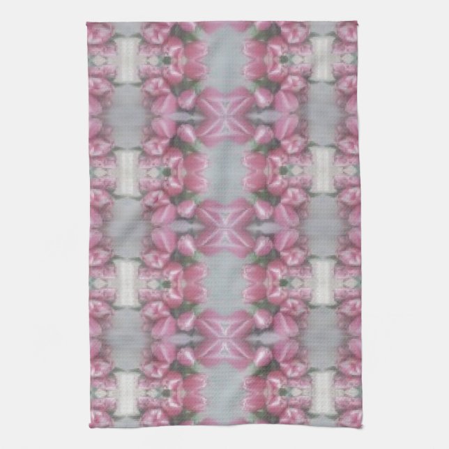 Pink Grey Flower Tulip Mirror Pattern Cross Square Kitchen Towel (Vertical)