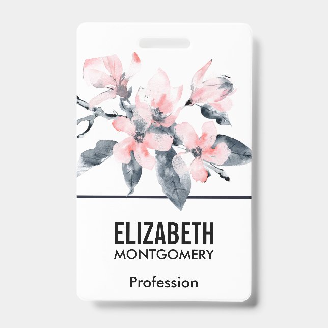 Pink & Grey Flowers Classy Watercolor Badge (Front)