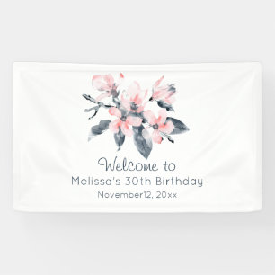 Pink & Grey Flowers Classy Watercolor Birthday Banner