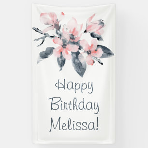 Pink & Grey Flowers Classy Watercolor Birthday Banner