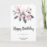 Pink & Grey Flowers Classy Watercolor Birthday