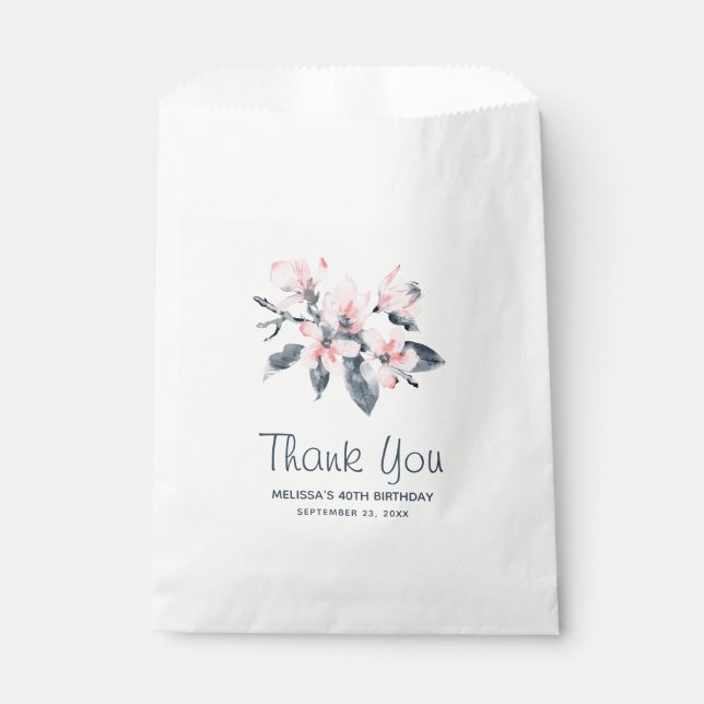Pink & Grey Flowers Classy Watercolor Birthday Favour Bag (Front)