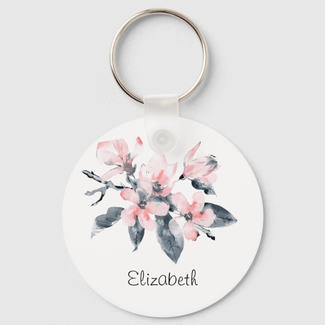 Pink & Grey Flowers Classy Watercolor Keychain (Front)