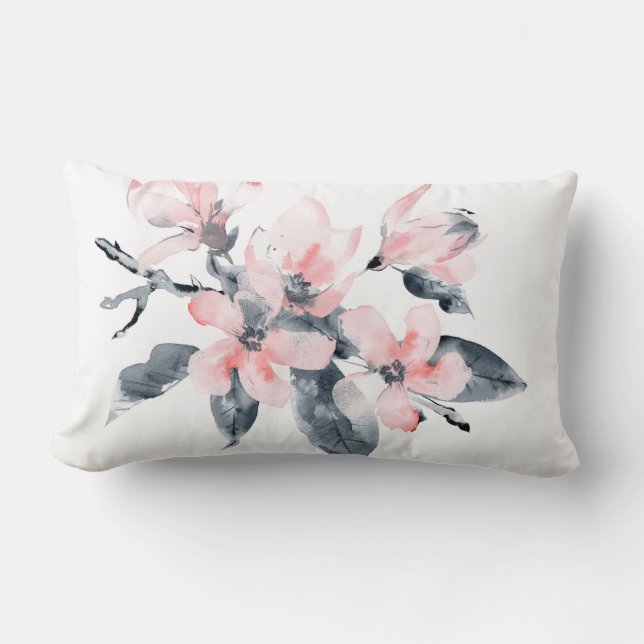 Pink & Grey Flowers Classy Watercolor Lumbar Pillow (Front)