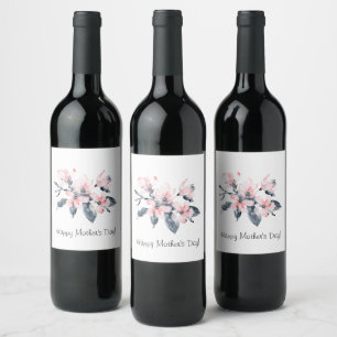 Pink & Grey Flowers Classy Watercolor Mother's Day Wine Label
