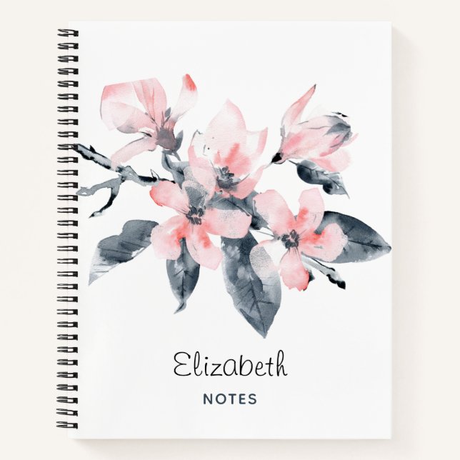Pink & Grey Flowers Classy Watercolor Notebook (Front)